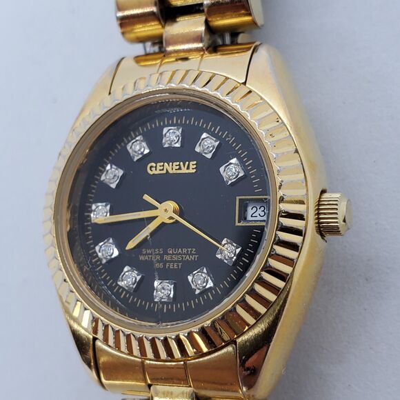 VTG GENEVE Women's Watch 25MM Gold Case Bracelet Black Dial Date 7" New Battery - Picture 3 of 12